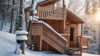 Construction of a warm two-story House from Pallets in the Forest