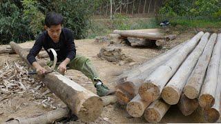 hand planing and shaping wood to build the first wooden wall, Build a log off grid cabin