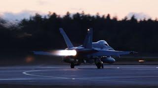 Finnish Air Force F/A-18 afterburner takeoff at dusk - Täppä24 exercise Oulu