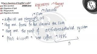 What is function of Kupffer's cells? (a) Bile secretion JPMER 2018 (b) Digestion of lipid (c) Ph...