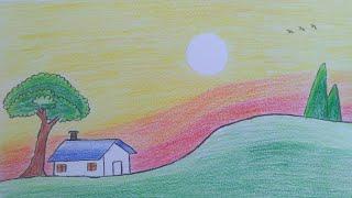 Drawing easy scenery of sunset trees and house / Happy Drawing24