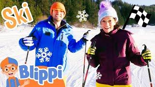 NEW! Blippi and Meekah Learn to Ski and Go Over JUMPS! Winter Snow Stories for Kids