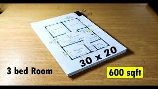 30 x 20 simple village house plan II 3 bed room village home design II 600 sqft ghar ka naksha