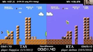 Super Mario Bros. TAS vs. RTA former World Record (4:56.878 by darbian)