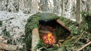 Bushcraft Survival Shelter, Winter Camping in Deep Snow, Outdoors Cooking, Nature Sounds