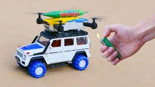 Experiment: Rc Drone on Toy AMG G-63 and Rocket !