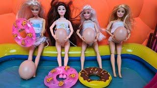4 PREGNANT BARBIES WANT TO GO TO THE POOL! Swimwear for dolls made of masks and belly made of eggs 