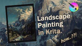 Painting imaginative mountain landscape in Krita.