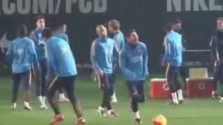 Messi Nutmegged  Suarez in training.