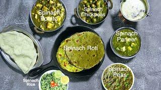 One Spinach Gravy Multiple Recipes Video Palak Paneer Potato Peas Chickpeas Rice | Bhavna's Kitchen