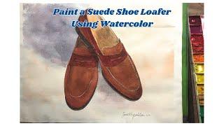 Watercolor Painting Tutorial Leather Suede Loafer Shoe | Art by Farrukh