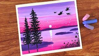 Oil Pastel Violet Sunset Scene Painting for beginners | Oil Pastel Drawing