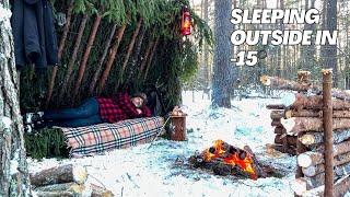 Winter shelter guarantee survival in wild forest! I decided to stay outside at night in -15 degrees