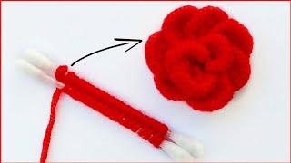 Amazing Trick with Cotton Bud - Easy Woolen Rose Making Ideas - 3d Hand Embroidery Flower Design