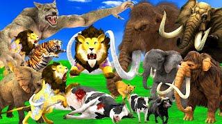 20 Giant Lion Wolf vs 10 Zombie Dinosaur Evil Attack Baby Cow Buffalo Saved By 5 Woolly Mammoth