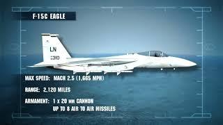 F-15C Eagle • Max Speed: MACH 2.5 • 1,665 MPH • Range: 2,120 Mi • Armament: 1x20mm Cannon 8 Missiles