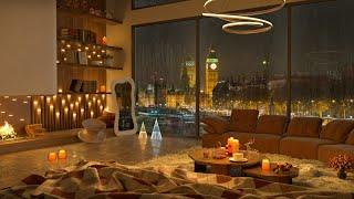 A Rainy London Night Sleep in Cozy Bedroom 4K |  Relaxing Piano Jazz Music for Relax and Study