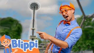 Blippi Climbs the Space Needle | Classic Blippi Adventures | Vehicle Videos for Kids | Moonbug Kids