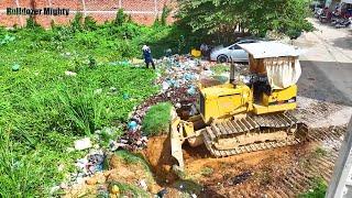 Heavy machinery, Processing Filling Up The Land, Bulldozer KOMATSU D31P, Dump Truck unloading