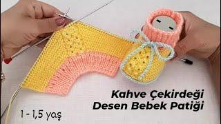 Kahve Çekirdeği Desen Bebek Patiği   Very Easy Knitting Baby Booties Tutorial Stitch Pattern DIY