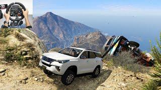 GTA5 | Toyota Fortuner Towing Crash Lorry on Mountain | Realistic Off-Roading | Logitechg29 Wheel