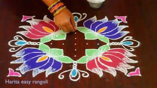 Beautiful Lotus rangoli for Vasant Panchami with 11x11 dots | Easy flower kolam with dots