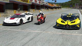 Suzuki Hayabusa 2022 vs Koenigsegg Jesko 2020 vs Bugatti Bolide 2020 at Old SPA