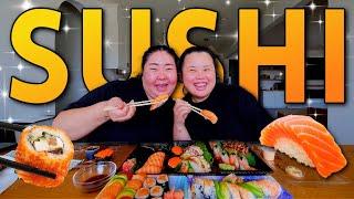 SUSHI MUKBANG 먹방 Spicy Tuna Roll + Salmon Roll + Raw Shrimp + Masago Sushi Eating Show! (SO GOOD!)