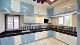 10x16size Modular Kitchen Design// Glossy Finish Cabinets // Blue & White Combo