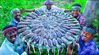 SQUID FISH FRY | Delicious Seafood Recipe Cooking and Eating in Village | Tawa Fried Calamari Recipe