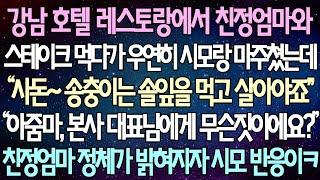 (반전 사연) 강남 호텔 레스토랑에서 친정엄마와 스테이크 먹다가 우연히 시모랑 마주쳤는데 “사돈~ 송충이는 솔잎을 먹고 살아야죠" 친정엄마 정체가 밝혀지자 시모 반응이ㅋ/사이다사연