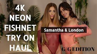4K TRANSPARENT Neon Fishnet Girl Girl TRY ON with Mirror! | Samantha Lynn TryOn Feat. London Ryder