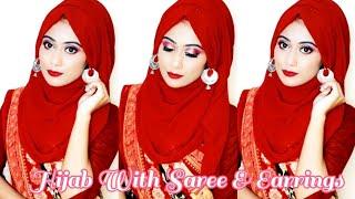 Hijab tutorial with earrings &saree||Easiest hijab style with saree||Tonni️