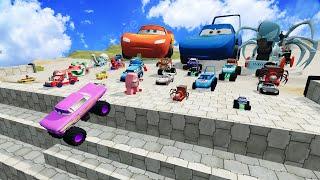 PIXAR CAR vs Big & Small Lightning McQueen Boy, King Dinoco, Tow Mater vs STAIR Death-BeamNG.Drive