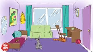 My room vocabulary song in English for kids. Furniture, pets, objects. Learning songs.