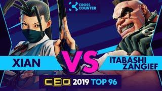 CEO 2019 Top 96 - Xian (@XianMSG) (Ibuki) vs Itabashi Zangief (@itazan_kuma) (Abigail) - SFV AE