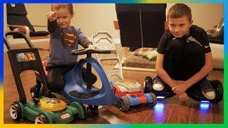 TOY LAWN MOWER vs HOVERBOARD vs WIGGLE CAR | Brothers r Us!