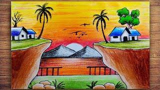 Beautiful Sunset Landscape Drawing with colour pencil  | Step by step tutorial for beginners ️