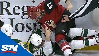 Carson Soucy Gets Jumped Near The Benches For Elbow On Conor Garland