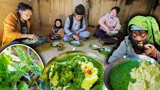 Nettles curry with Corn Rice cooking & eating || After a long time families together in the village