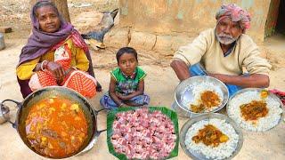 MUTTON CURRY cooking and eating by Old santali tribe Couple for their lunch | Tribal Village Cooking