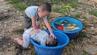 The single mother harvested vegetables, tubers, and fruits to sell at the market and build a house.