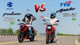 bajaj pulsar n150 vs tvs Apache RTR 160 4v | drag race