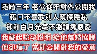 隱婚三年，老公從不對外公開我，藉口不喜歡別人窺探隱私，可和他的白月光卻毫不避諱，我藏起驗孕證明，甩給他一份離婚協議，他卻是瘋了，立刻公開對我的愛意