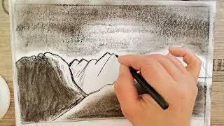 Mountains Landscape Drawing with Charcoal Stick and Pencil / Easy Pencil Drawing Landscape Simple