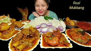 ASMR EATING SPICY MUTTON CURRY, PRAWN CURRY, CHICKEN CURRY, FISH CURRY, EGG MASALA CURRY WITH RICE