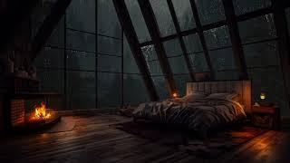 ️Cozy Attic Bedroom Ambience w/  crackling fireplace out cold storm forest for rest and sleep