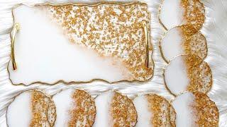 White and Gold Resin Tray and Resin Coaster Set : Resin Art Tutorial