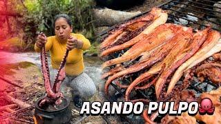 Asando pulpo junto al rio al estilo de doña Viky