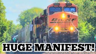 [4K] A HEAVY BNSF MANIFEST PULLS THE GRADE WITH KCS POWER!